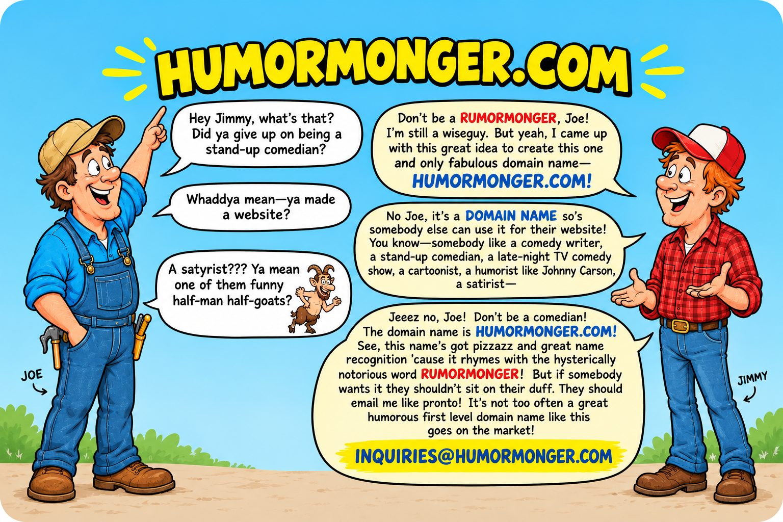 HUMORMONGER.COM cartoon advertisement featuring Joe and Jimmy discussing the humorous domain name.